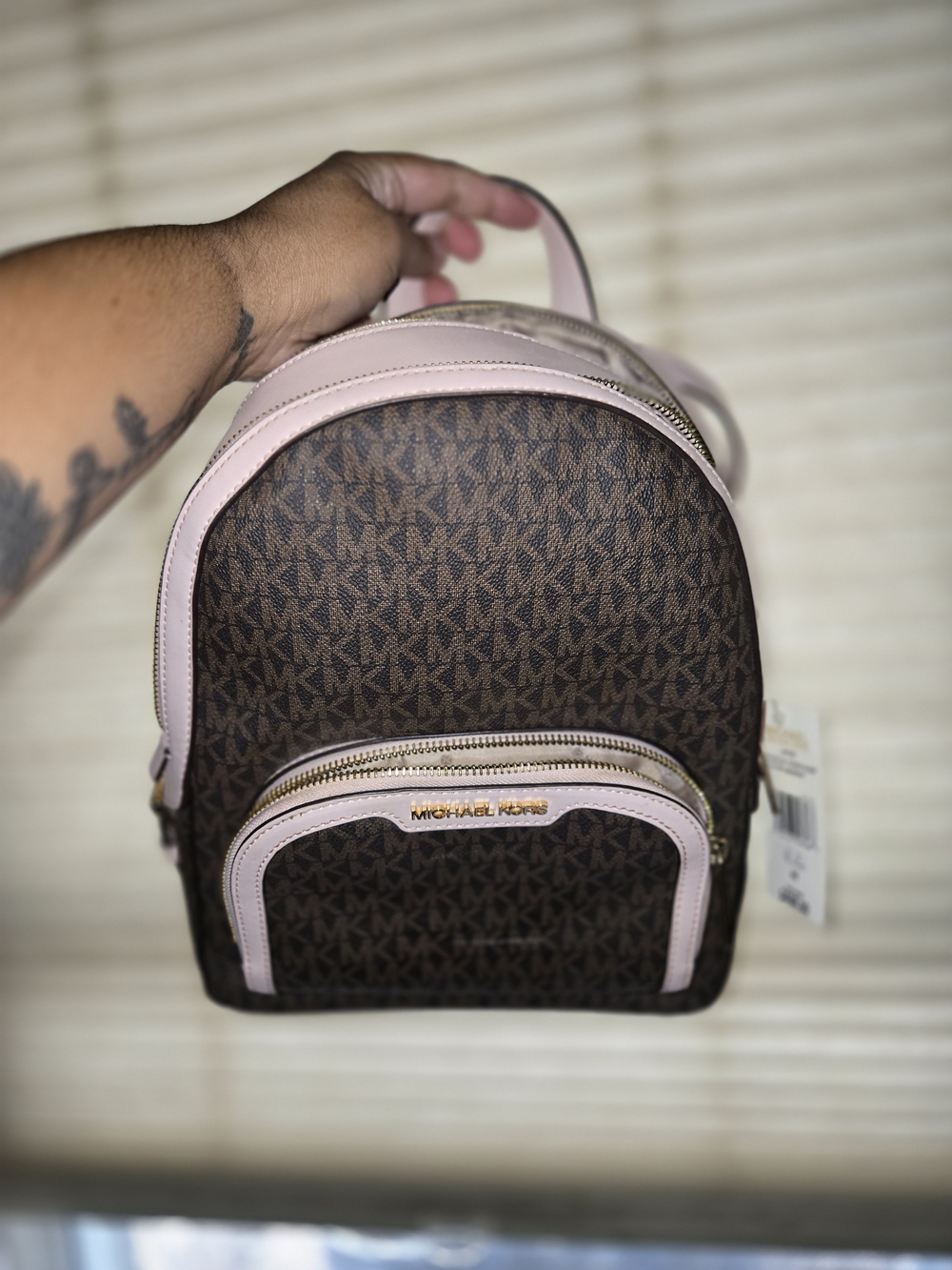 Michael Kors Brown Signature Mini Backpack with Pink Trim